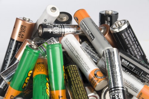A close-up photograph of a mixed collection of used batteries, including AA and AAA sizes, with various colors and brands, some with labels visible such as Panasonic and Duracell. The batteries are piled together in a disorganized manner, showing metallic casings with differing finishes, some shiny and reflective, others matte. The image highlights the different materials, such as metal and plastic, with some batteries displaying black, silver, green, orange, and copper tones. The background appears plain and neutral, focusing solely on the batteries themselves, which are often associated with electrical waste needing proper disposal or recycling. This visual aids in illustrating the type of waste that Commercial Waste Redhill’s rubbish removal services are equipped to handle, especially in contexts related to household or commercial electronic waste collection, within or near the Redhill area.