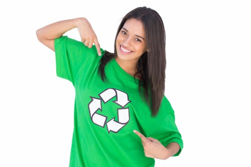 A young woman with long, dark hair and a bright smile is wearing a vibrant green t-shirt featuring a white recycling symbol prominently displayed on the front. She is standing against a plain white background, pointing to the recycling symbol with her right index finger while her left hand rests on her hip. The image conveys a positive attitude towards environmental awareness and waste reduction. The green colour of her t-shirt emphasizes eco-friendly initiatives, aligning subtly with rubbish or waste management themes relevant to local services such as those provided by Commercial Waste Redhill. The focus is on her upper body, with her cheerful expression and the clear visibility of the recycling logo drawing attention to responsible waste handling. The plain background ensures there are no distractions, making the image suitable for use on websites focused on environmentally conscious rubbish removal or recycling services in the Redhill or Surrey area.